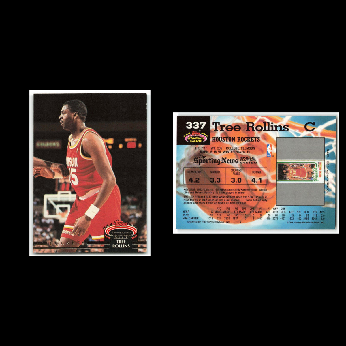 Tree Rollins #337 1992 Topps Stadium Club Houston Rockets Basketball Card NBA NM