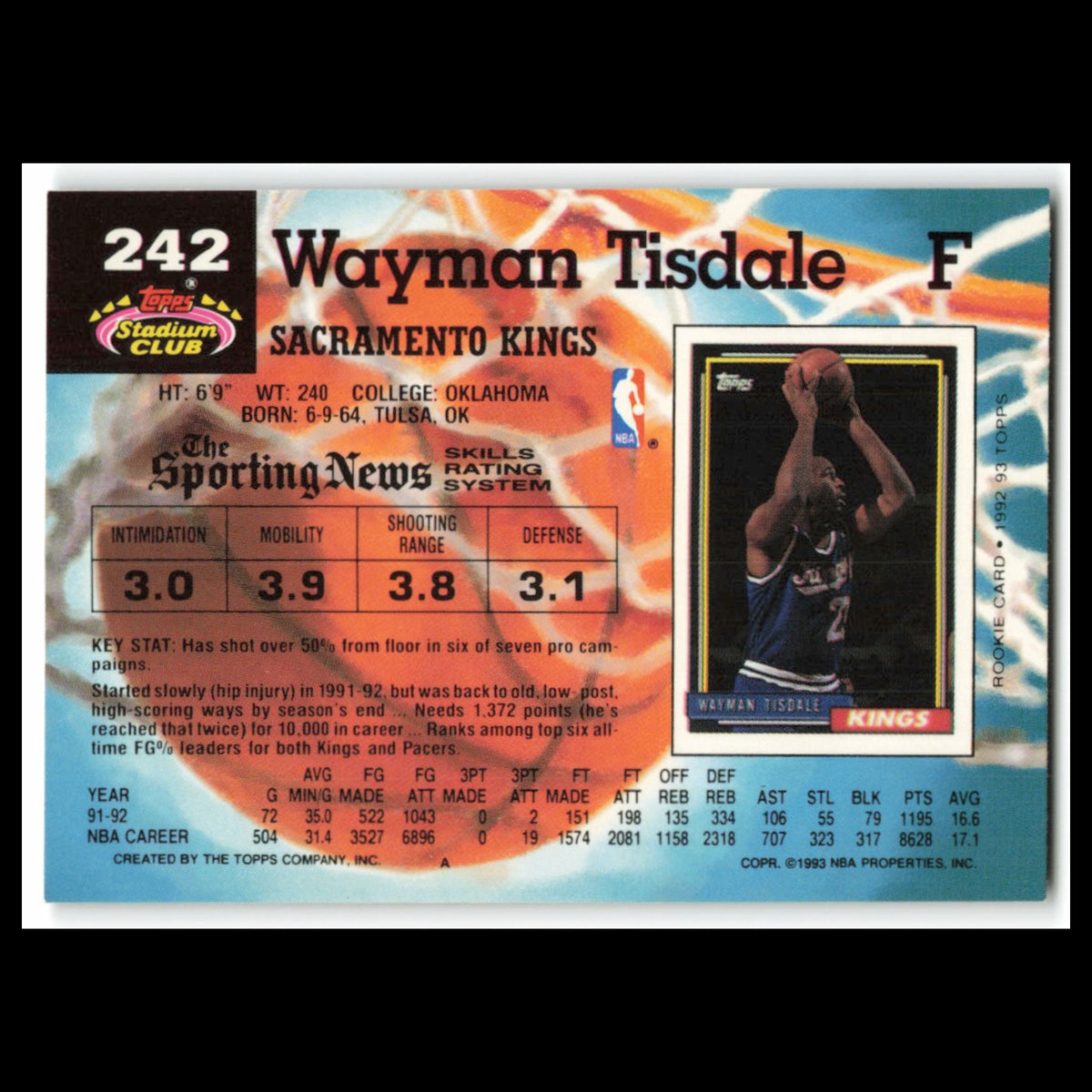 Wayman Tisdale #242 1992 Topps Stadium Club Sacramento Kings Basketball Card NBA