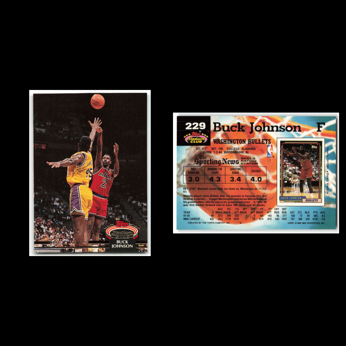 Buck Johnson #229 1992 Topps Stadium Club Washington Bullets Basketball Card NBA