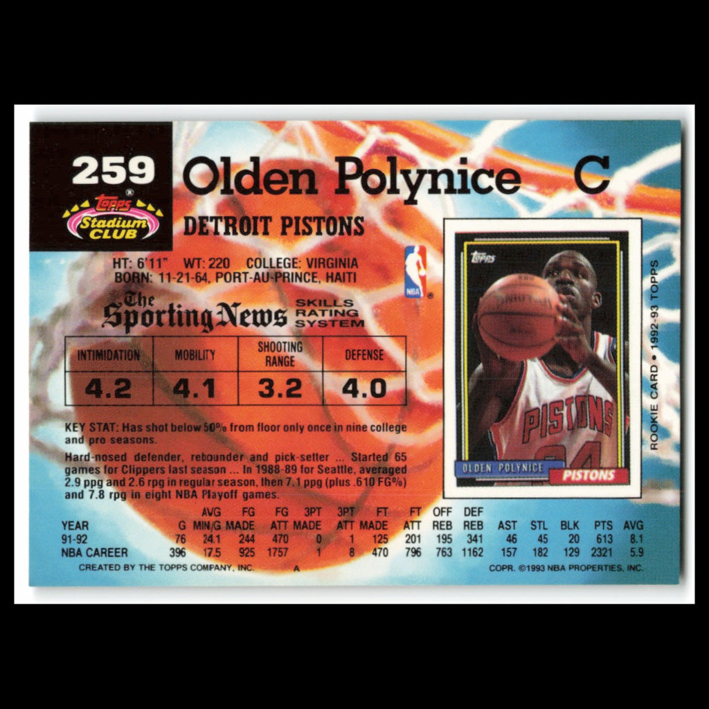 Olden Polynice #259 1992 Topps Stadium Club Detroit Pistons Basketball Card NBA