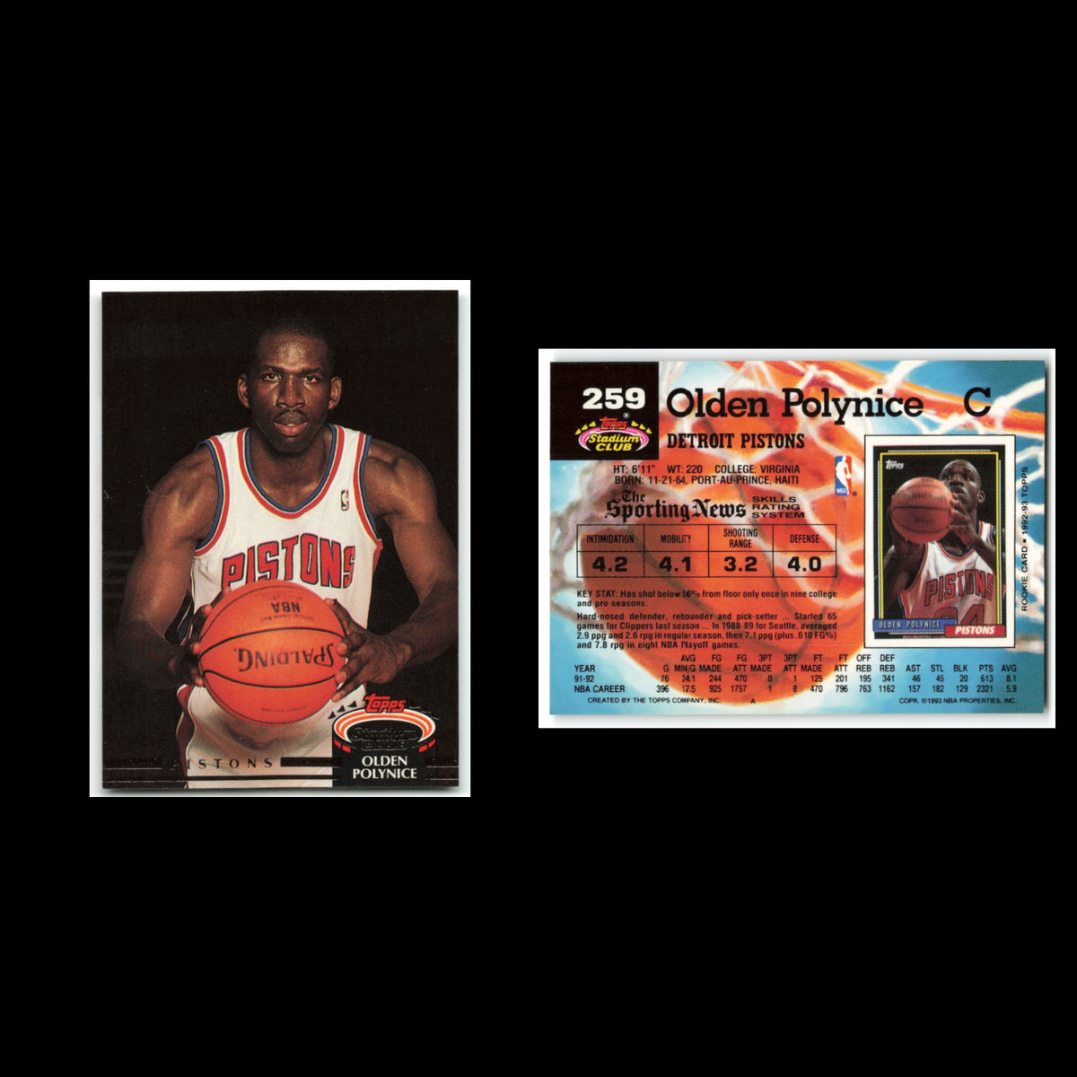 Olden Polynice #259 1992 Topps Stadium Club Detroit Pistons Basketball Card NBA