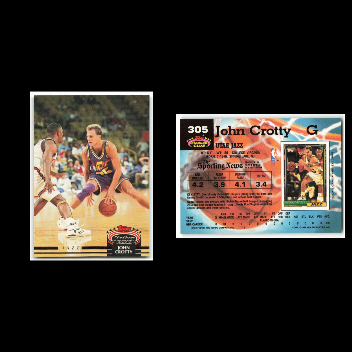 John Crotty Rookie #305 1992 Topps Stadium Club Utah Jazz Basketball Card NBA NM