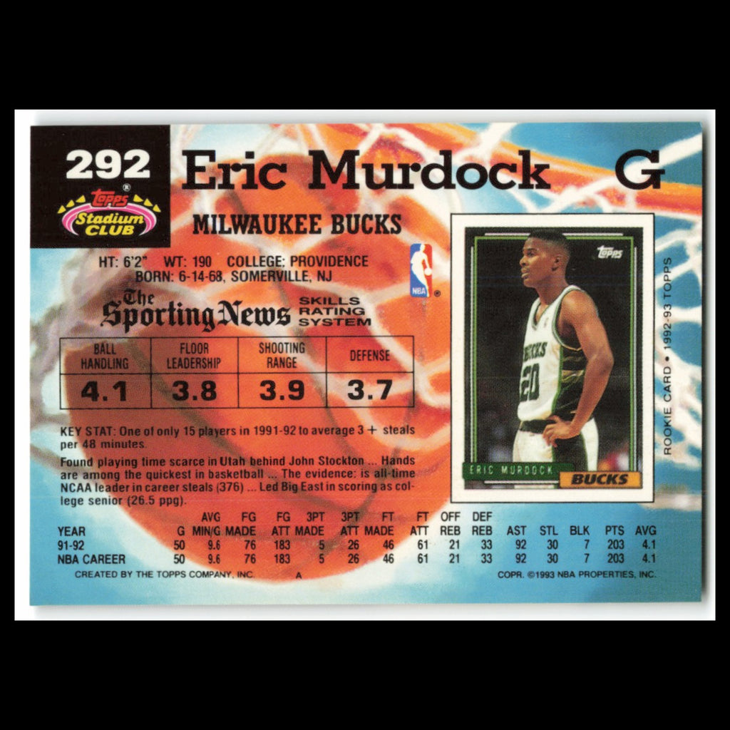 Eric Murdock #292 1992 Topps Stadium Club Milwaukee Bucks Basketball Card NBA NM
