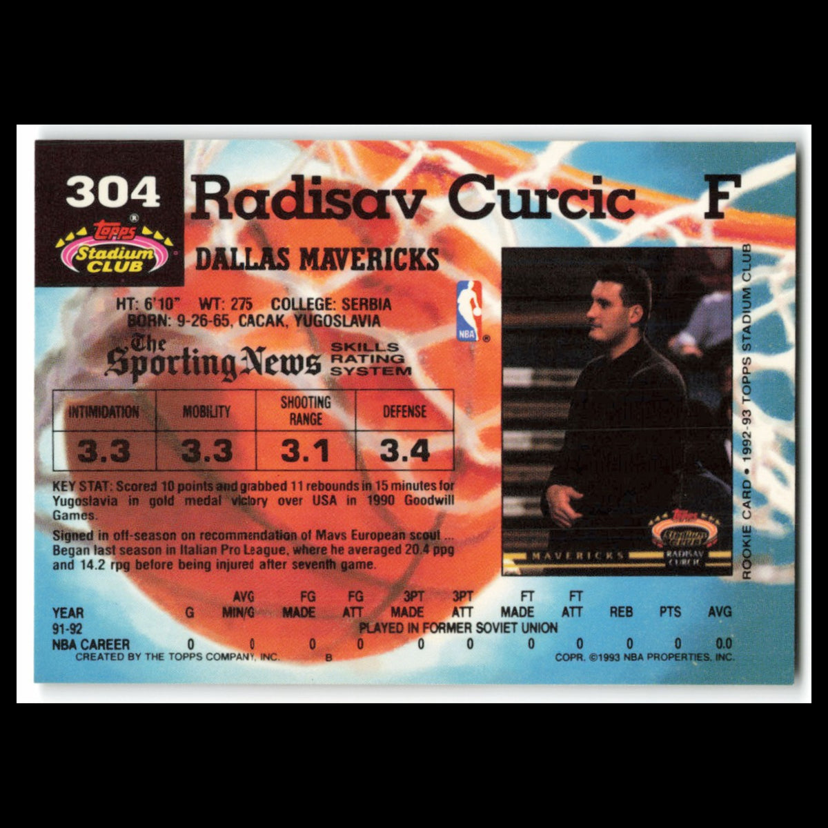 Radisav Curcic Rookie #304 1992 Topps Stadium Club Dallas Mavericks Basketball