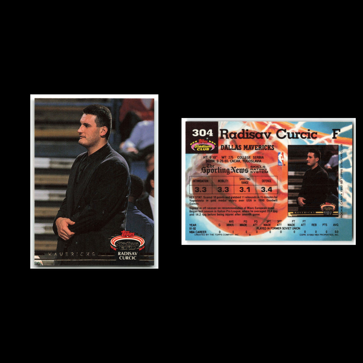 Radisav Curcic Rookie #304 1992 Topps Stadium Club Dallas Mavericks Basketball