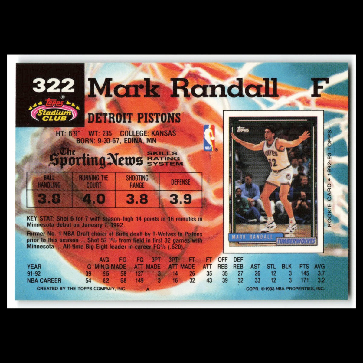 Mark Randall #322 1992 Topps Stadium Club Detroit Pistons Basketball Card NBA NM