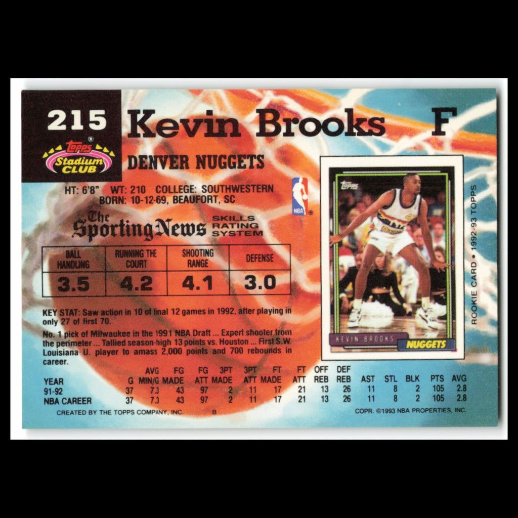 Kevin Brooks #215 1992 Topps Stadium Club Denver Nuggets Basketball Card NBA NM