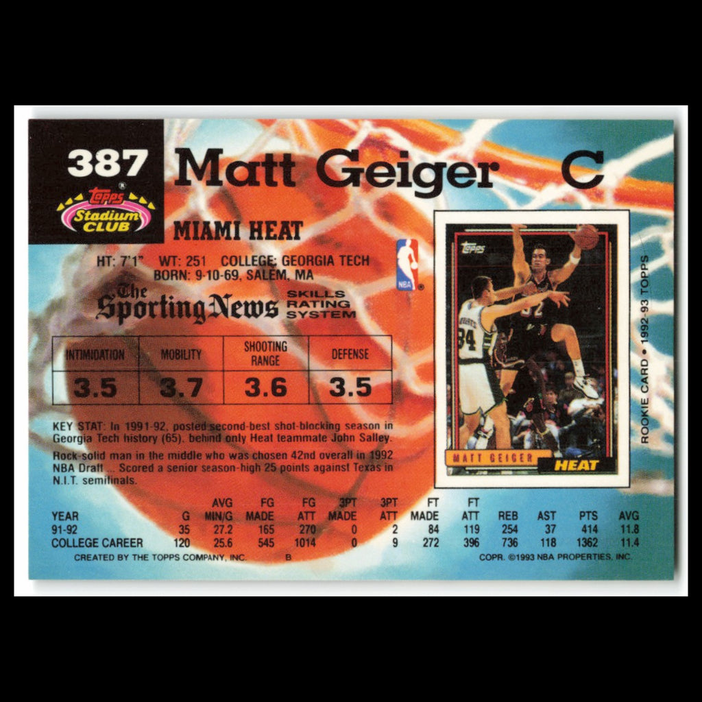 Matt Geiger Rookie #387 1992 Topps Stadium Club Miami Heat Basketball Card NBA