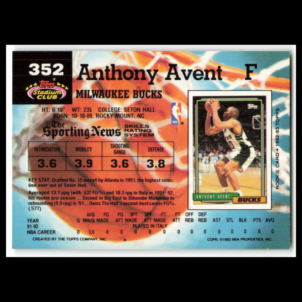 Anthony Avent Rookie #352 1992 Topps Stadium Club Milwaukee Bucks Basketball NBA