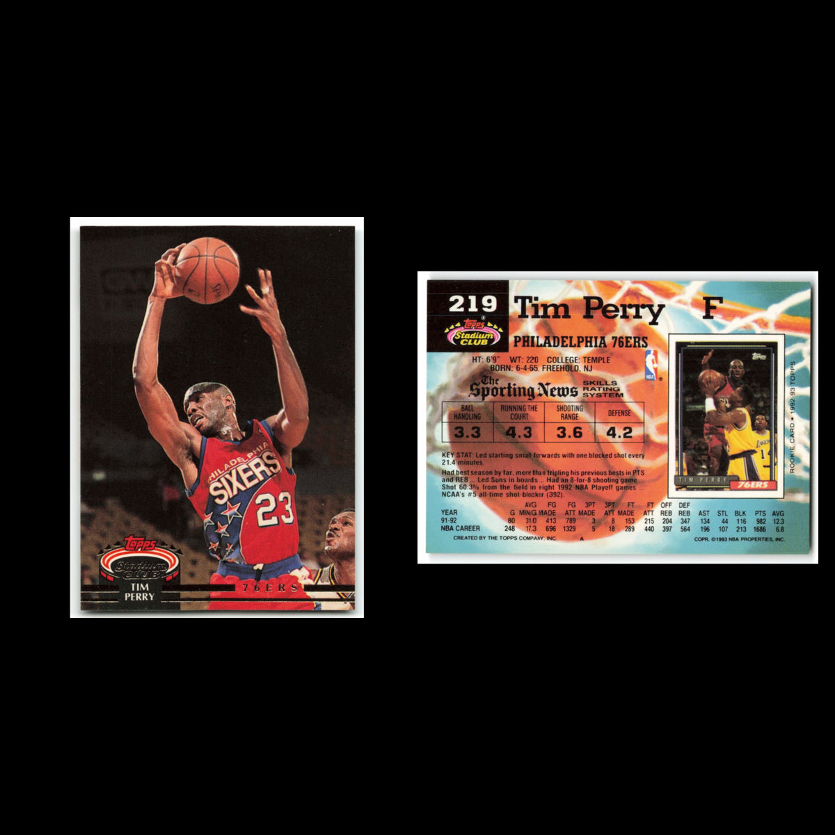 Tim Perry #219 1992 Topps Stadium Club Philadelphia 76ers Basketball Card NBA NM
