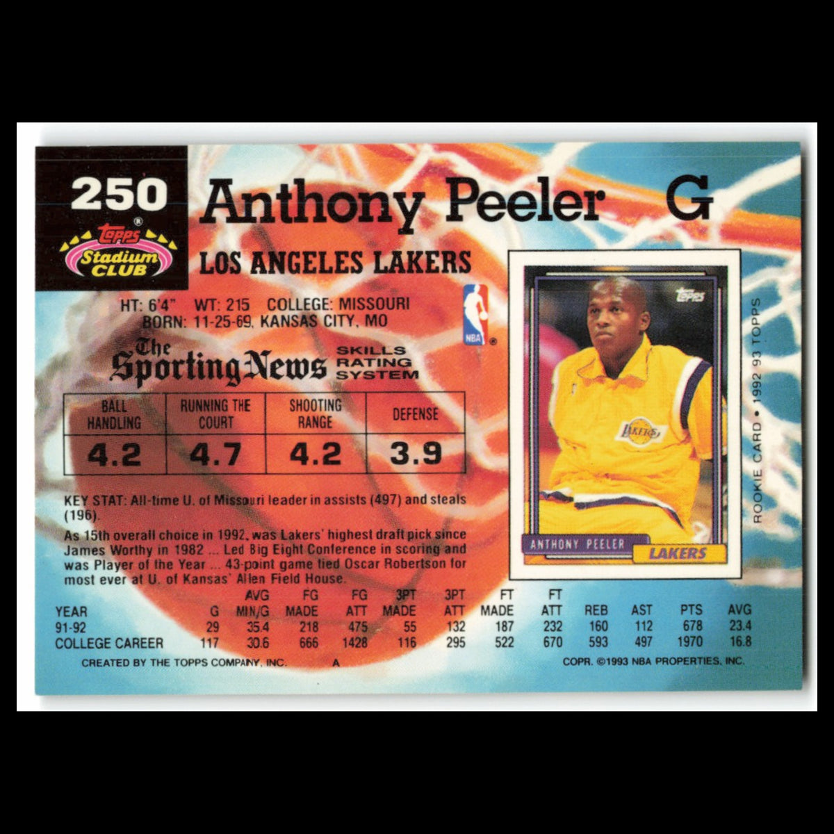 Anthony Peeler Rookie #250 1992 Topps Stadium Club Los Angeles Lakers Basketball