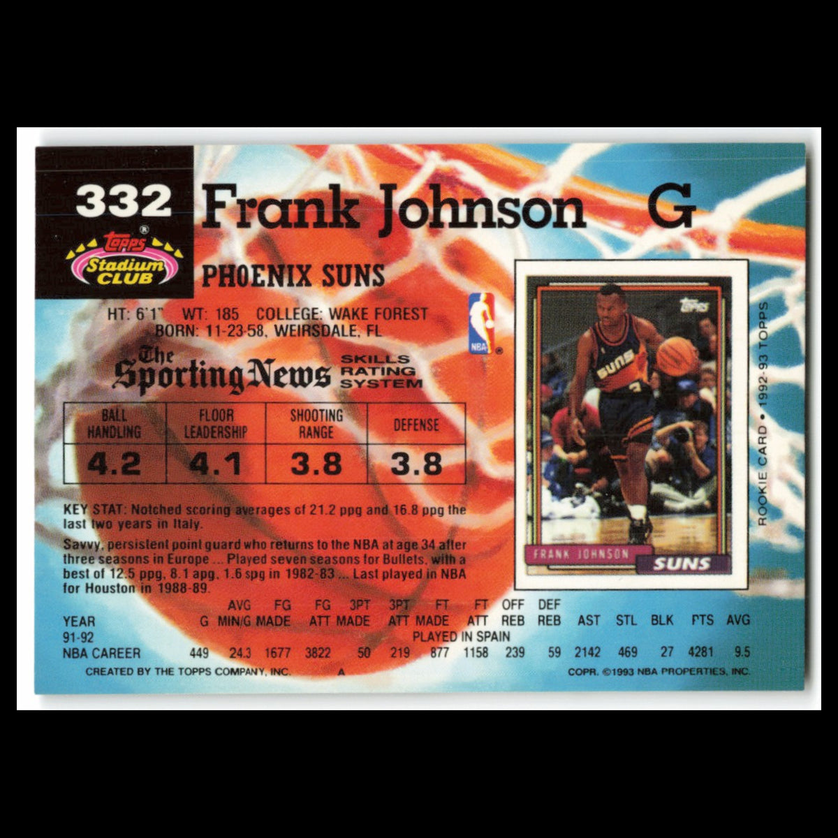 Frank Johnson #332 1992 Topps Stadium Club Phoenix Suns Basketball Card NBA NM