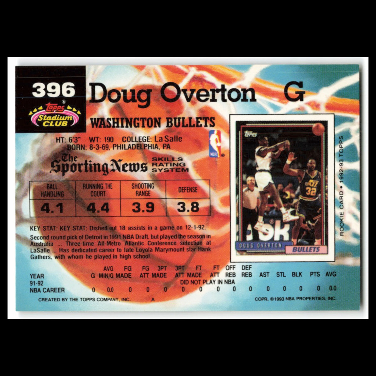 Doug Overton #396 1992 Topps Stadium Club Washington Bullets Basketball Card NBA