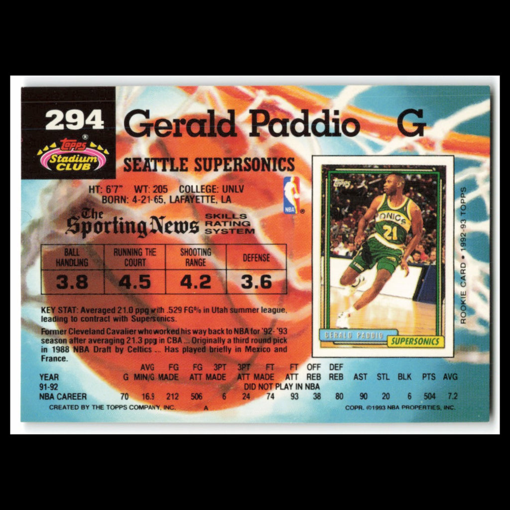 Gerald Paddio #294 1992 Topps Stadium Club Seattle SuperSonics Basketball Card