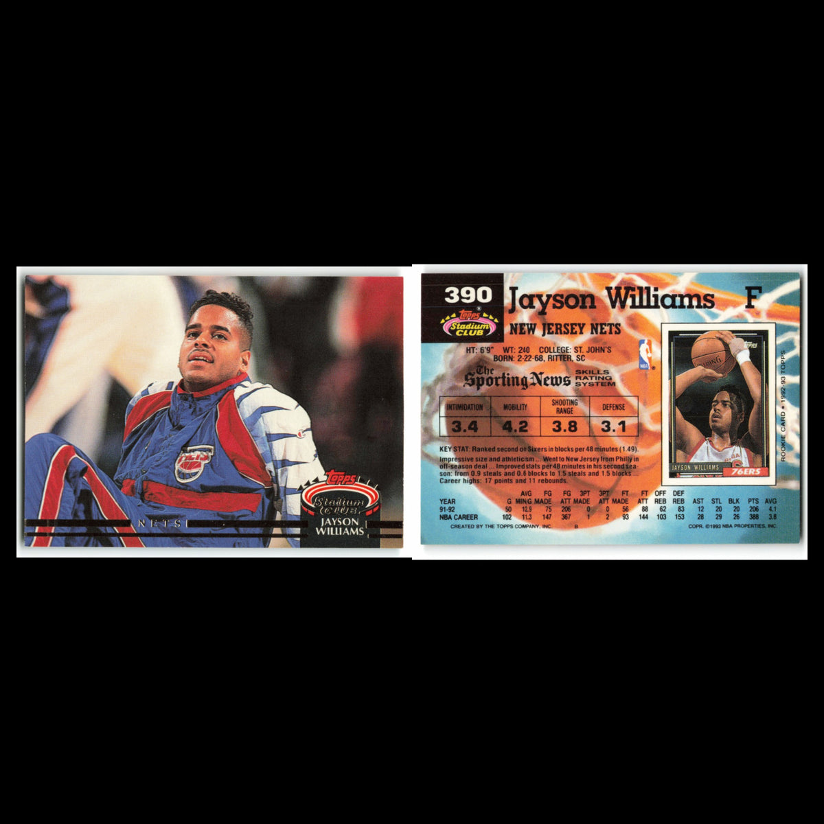 Jayson Williams #390 1992 Topps Stadium Club New Jersey Nets Basketball Card NBA