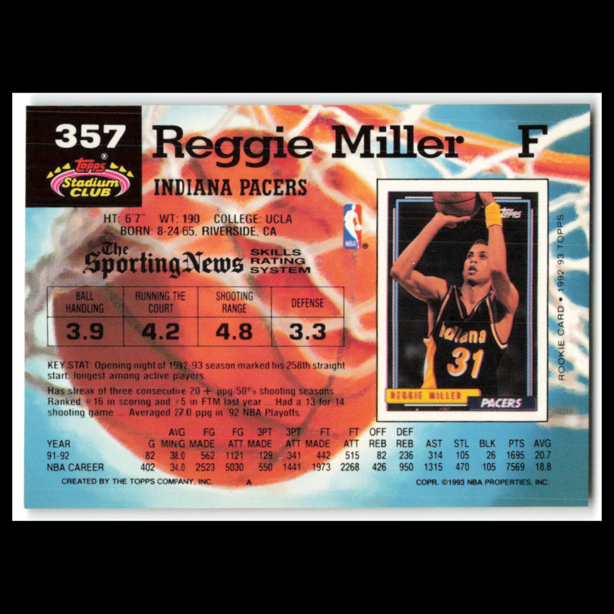 Reggie Miller #357 1992 Topps Stadium Club Indiana Pacers Basketball Card NBA NM