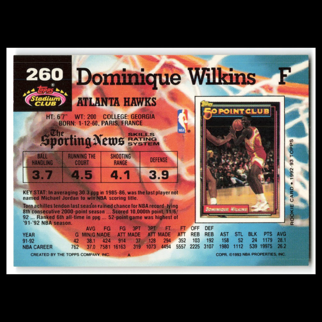 Dominique Wilkins #260 1992 Topps Stadium Club Atlanta Hawks Basketball Card NBA