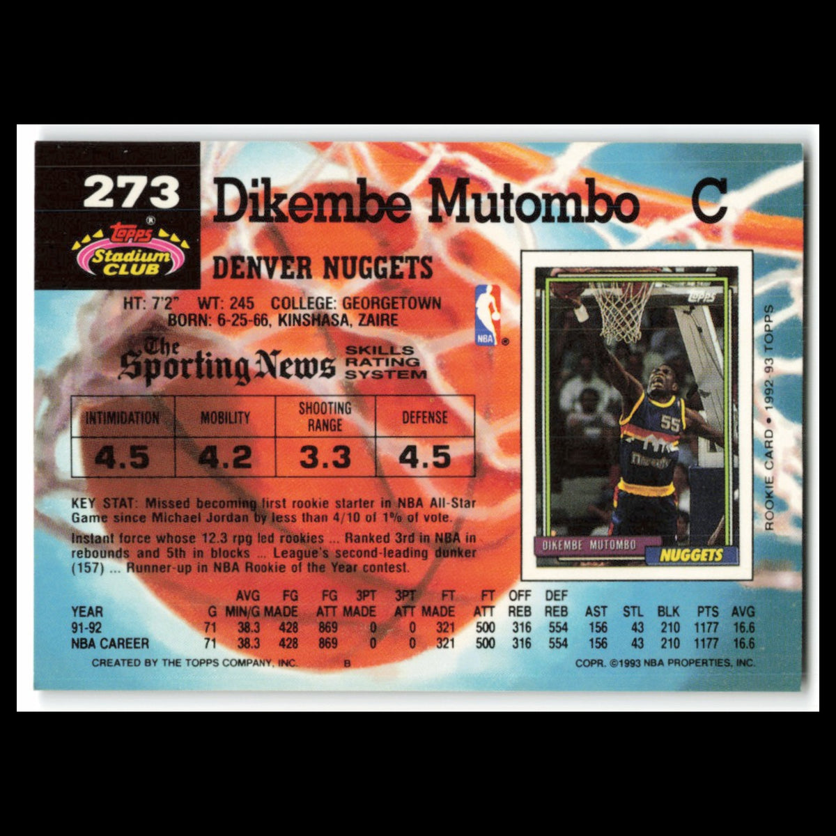 Dikembe Mutombo #273 1992 Topps Stadium Club Denver Nuggets Basketball Card NBA