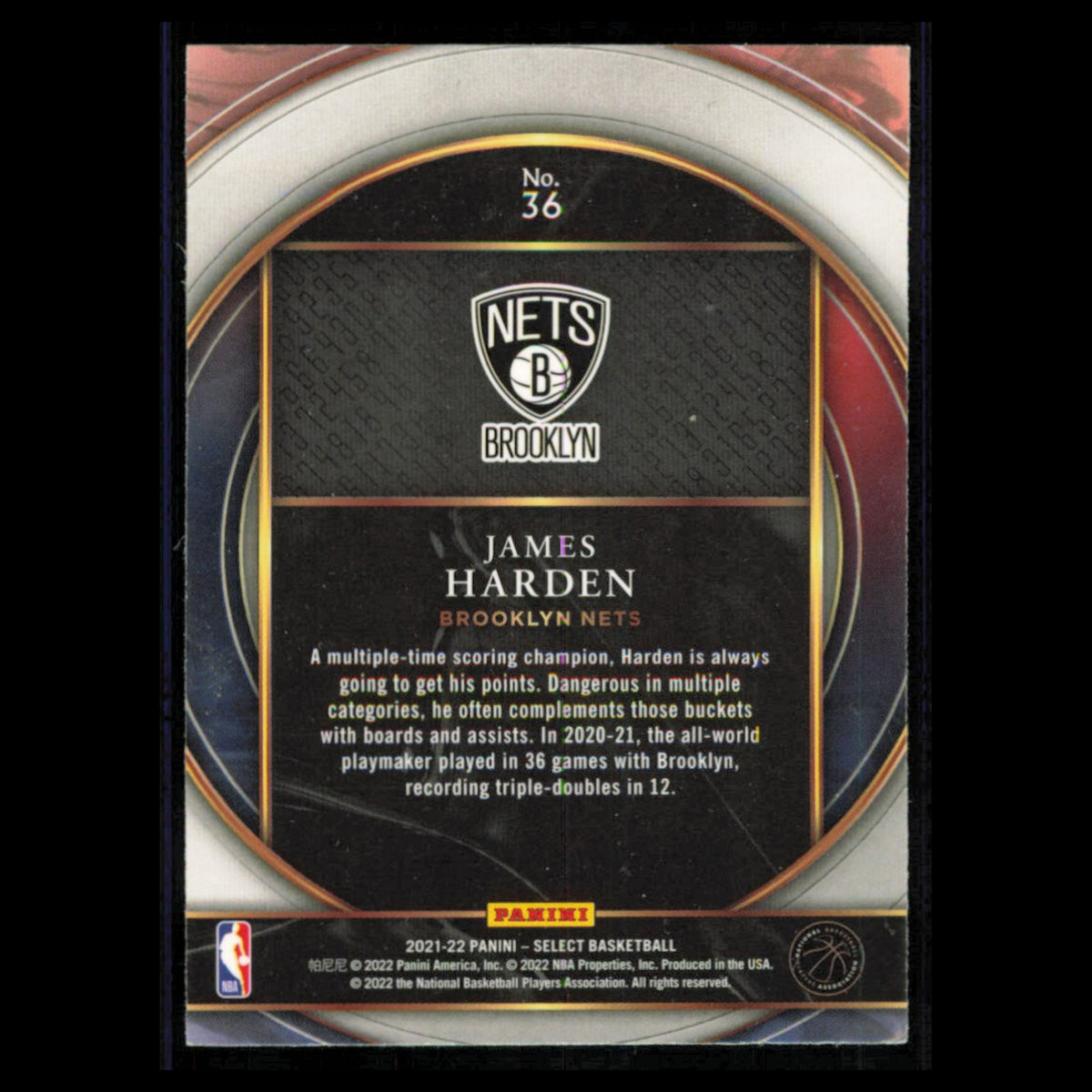 James Harden #36 2021 Panini Select Numbers Brooklyn Nets Basketball Card NBA NM
