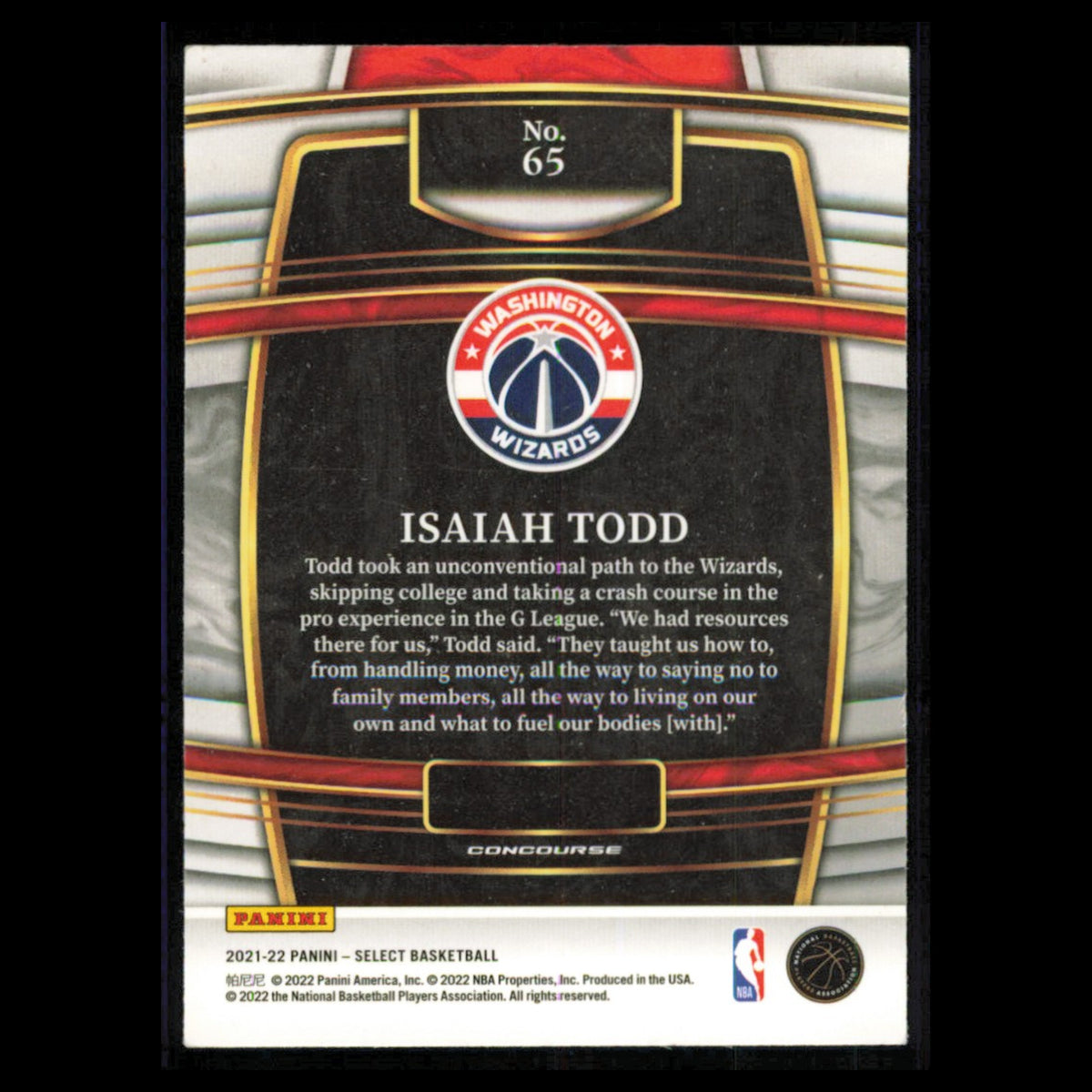 Isaiah Todd Rookie #65 2021 Panini Select Blue Washington Wizards Basketball NBA