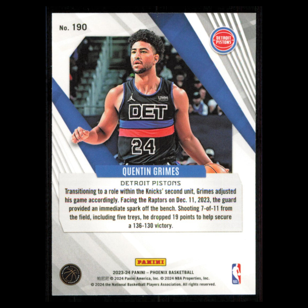 Quentin Grimes #190 2023 Panini Phoenix Detroit Pistons Basketball Card NBA NM