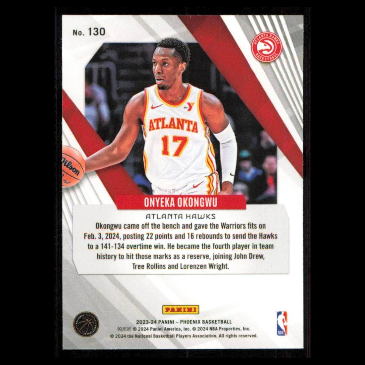 Onyeka Okongwu #130 2023 Panini Phoenix Atlanta Hawks Basketball Card NBA NM