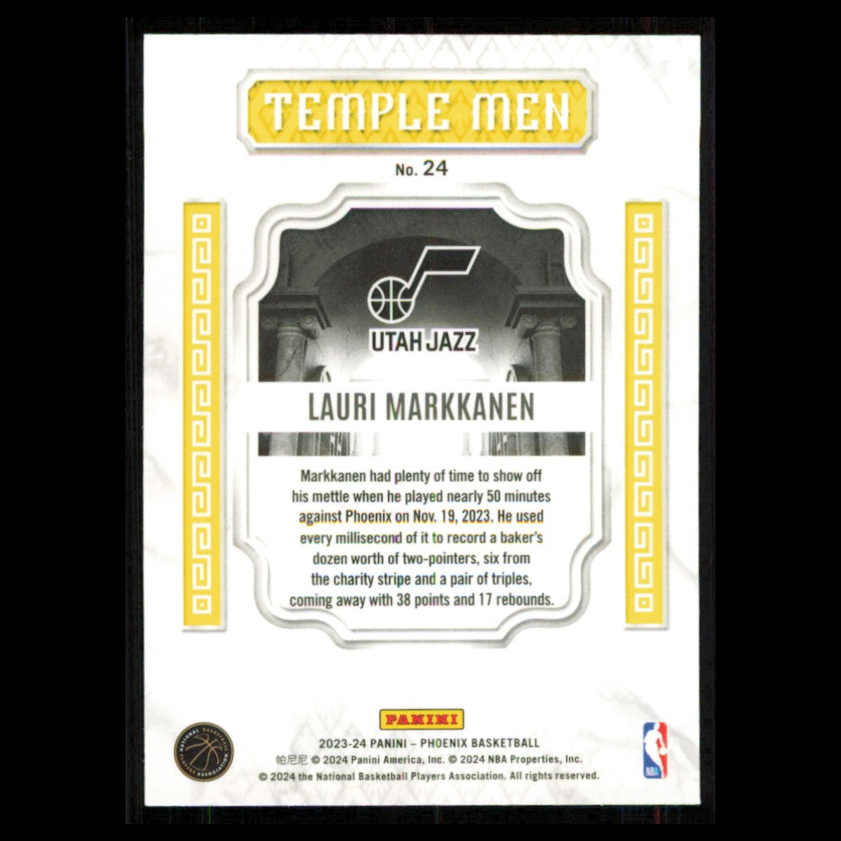 Lauri Markkanen #24 2023 Panini Phoenix Temple Men Utah Jazz Basketball Card NBA