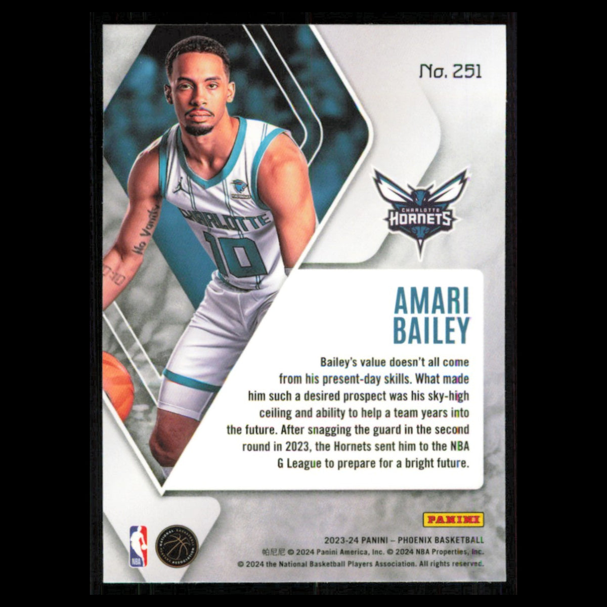 Amari Bailey Rookie #251 2023 Panini Phoenix Charlotte Hornets Basketball Card