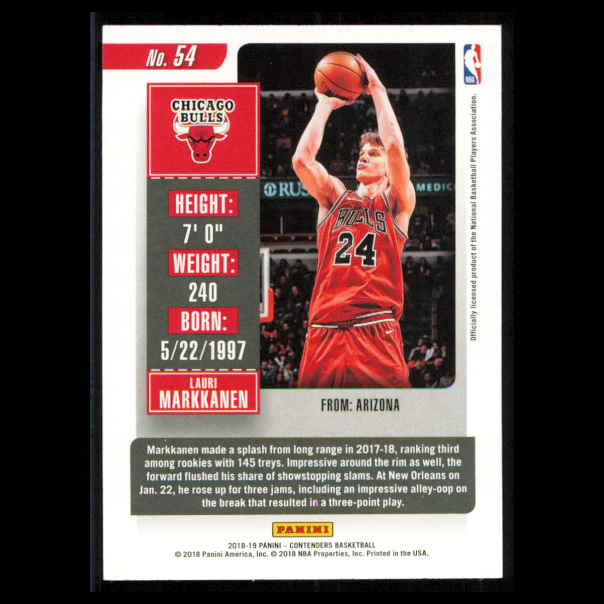 Lauri Markkanen #54 2018 Panini Contenders Chicago Bulls Basketball Card NBA NM