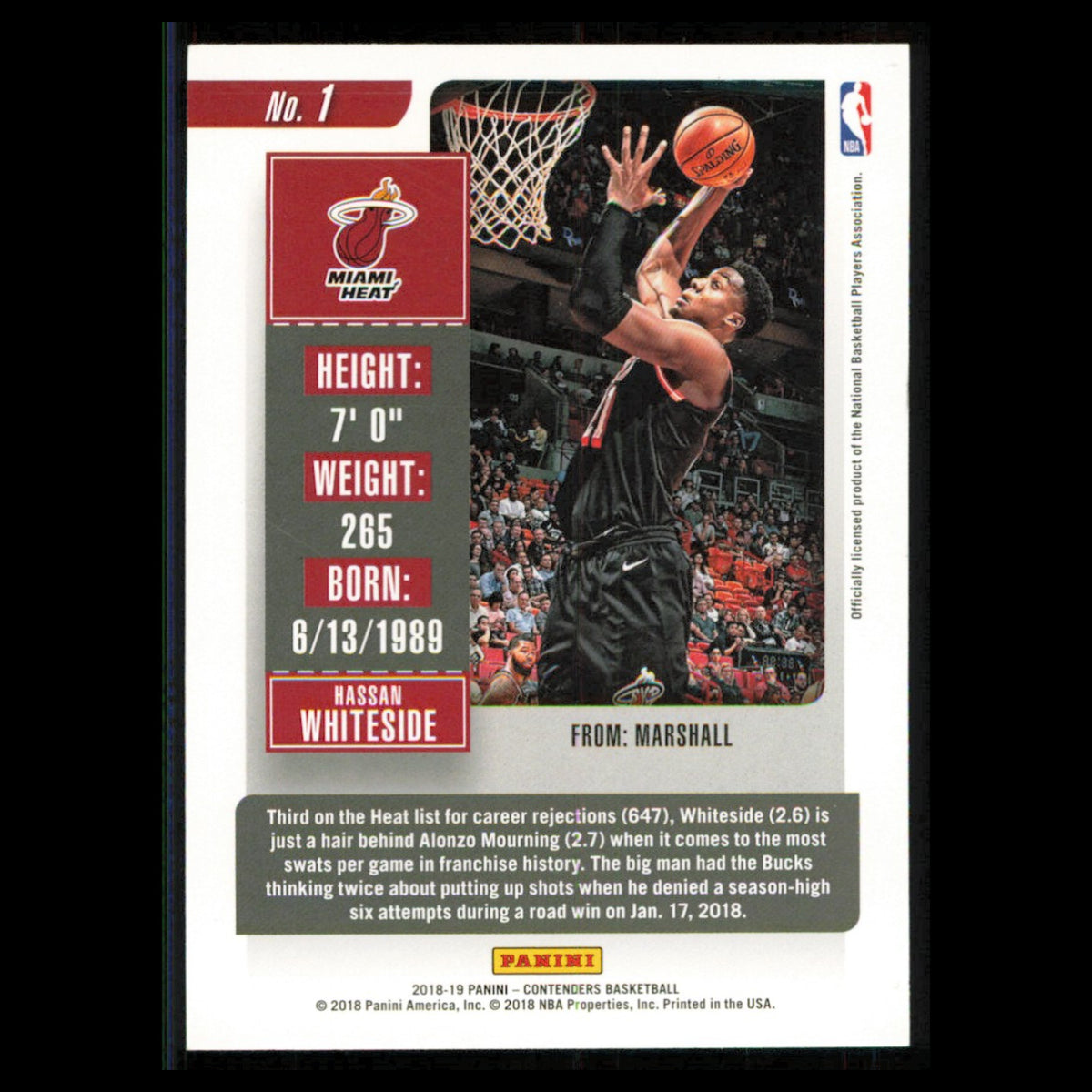 Hassan Whiteside #1 2018 Panini Contenders Miami Heat Basketball Card NBA NM