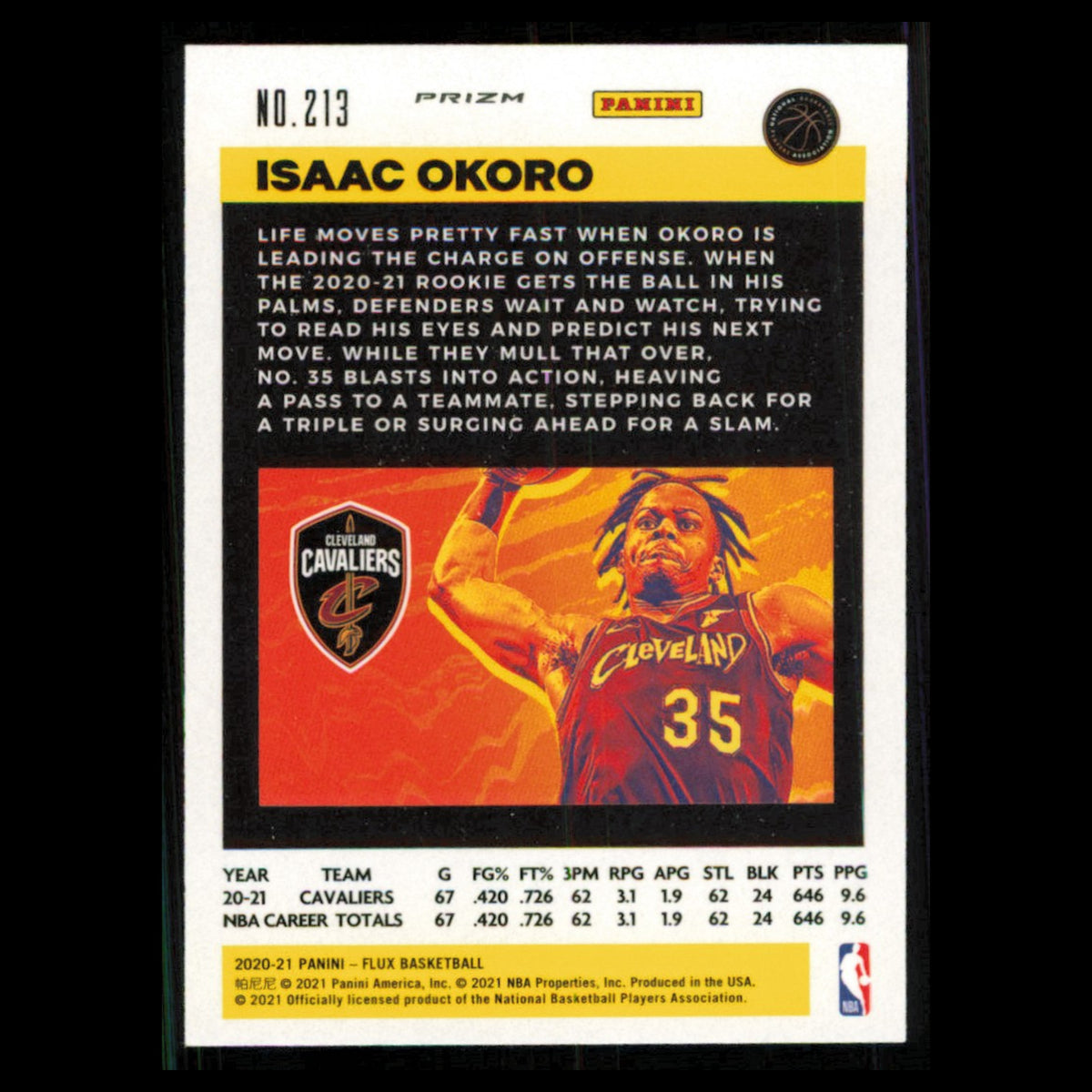 Isaac Okoro Rookie #213 2020 Panini Flux Cleveland Cavaliers Basketball Card NBA