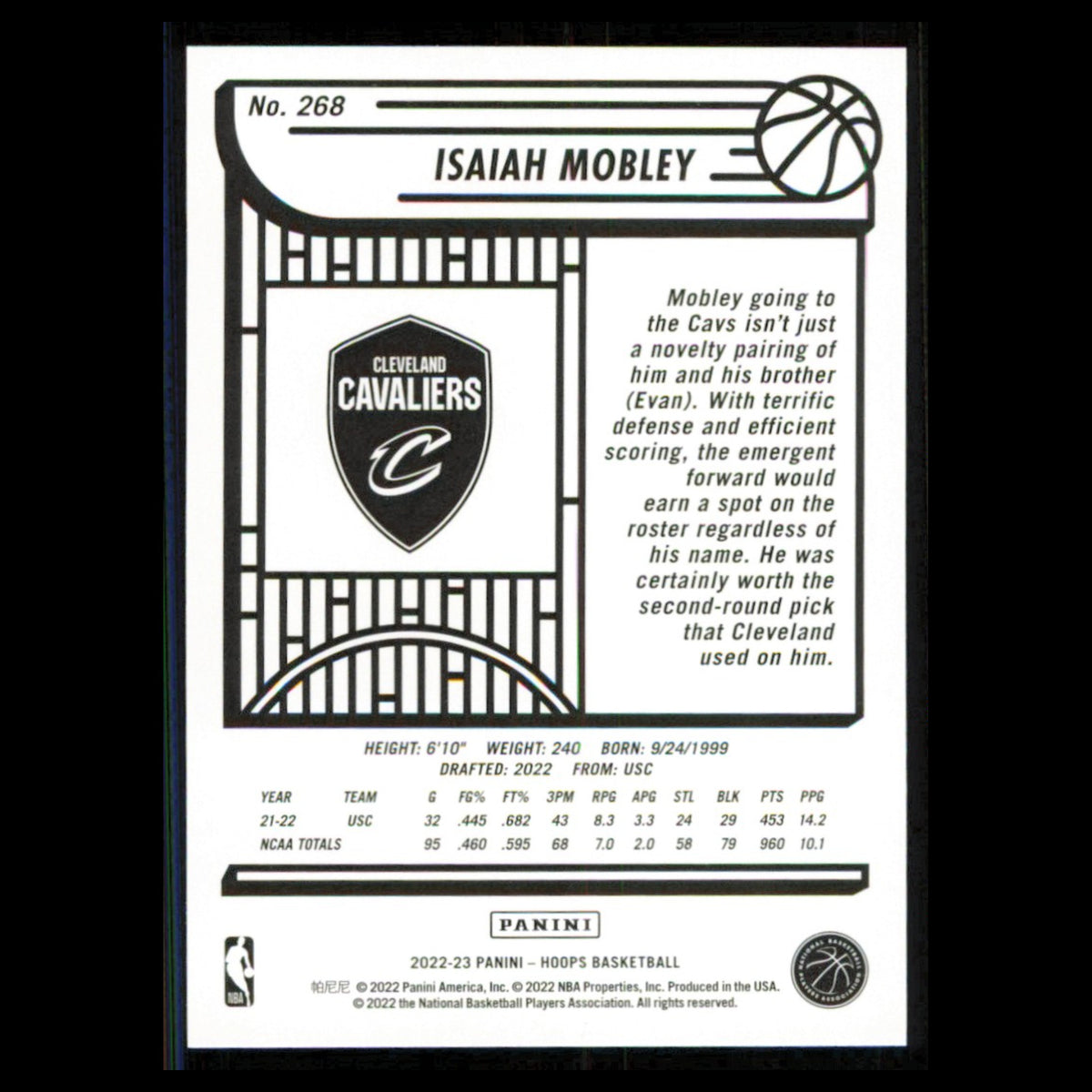 Isaiah Mobley Rookie #268 2022 Hoops Cleveland Cavaliers Basketball Card NBA NM
