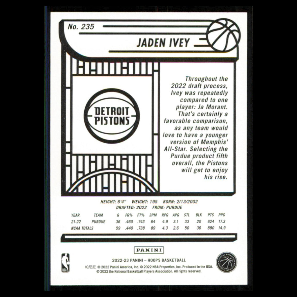 Jaden Ivey Rookie #235 2022 Hoops Detroit Pistons Basketball Card NBA NM