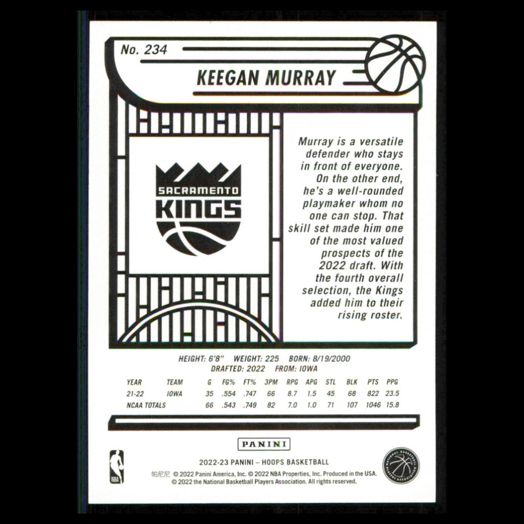 Keegan Murray Rookie #234 2022 Hoops Sacramento Kings Basketball Card NBA NM