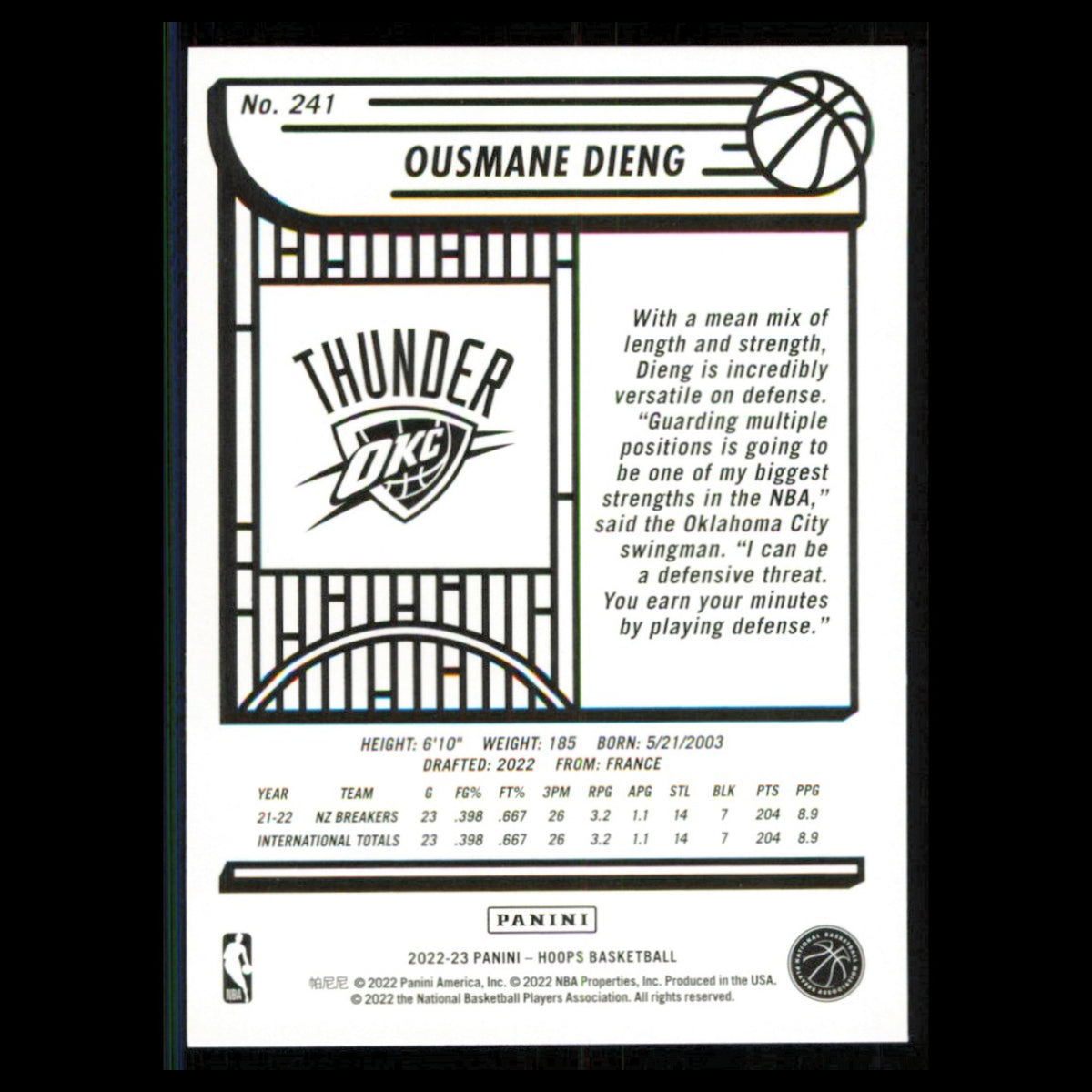 Ousmane Dieng Rookie #241 2022 Hoops Oklahoma City Thunder Basketball Card NBA