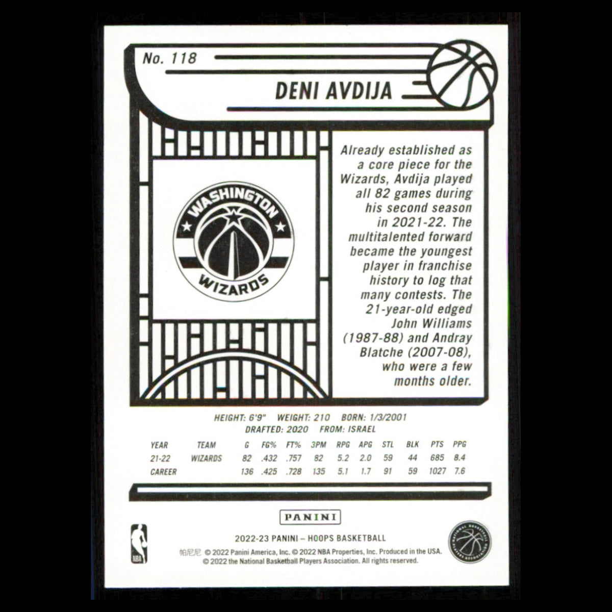 Deni Avdija #118 2022 Hoops Washington Wizards Basketball Card NBA NM