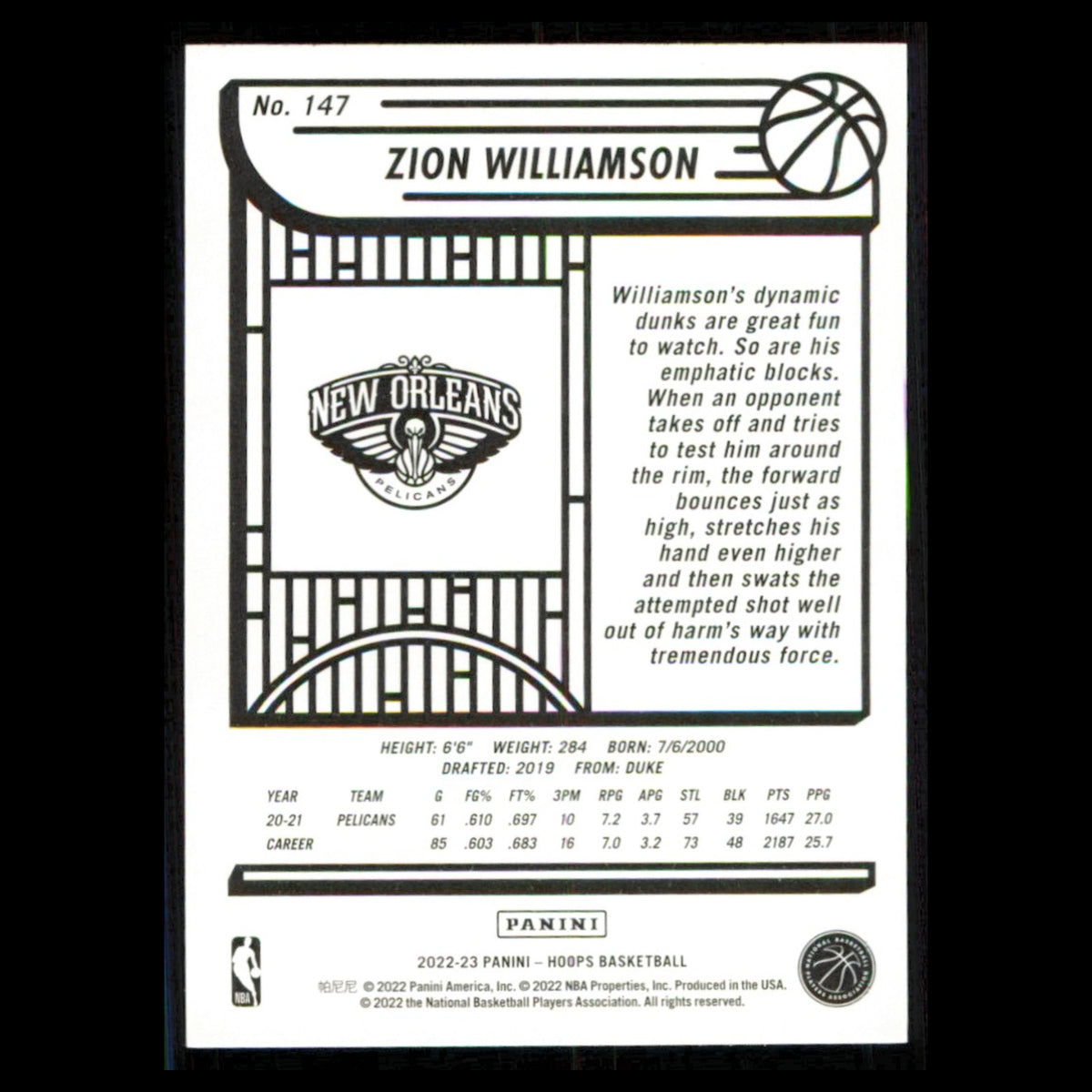 Zion Williamson #147 2022 Hoops New Orleans Pelicans Basketball Card NBA NM