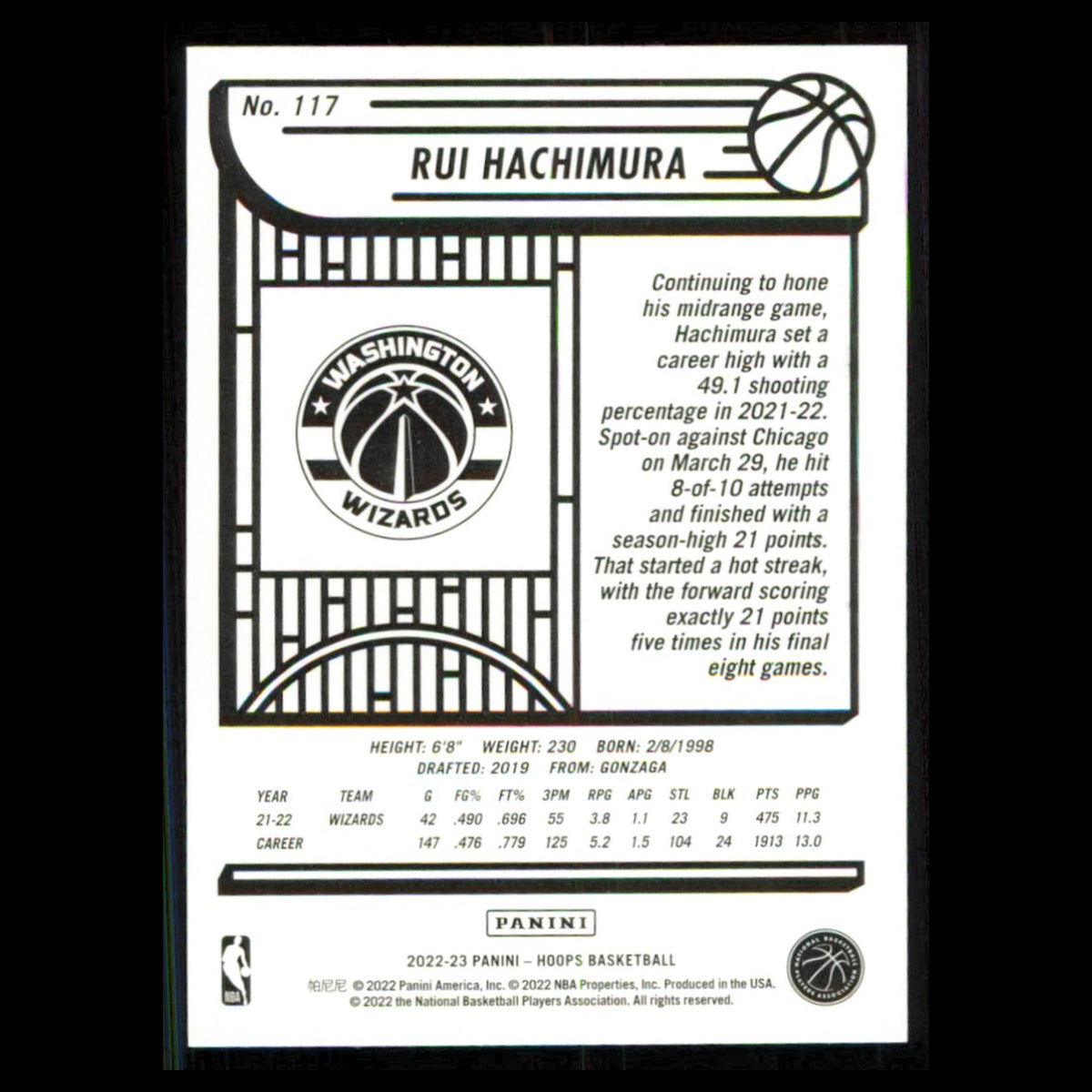 Rui Hachimura #117 2022 Hoops Washington Wizards Basketball Card NBA NM