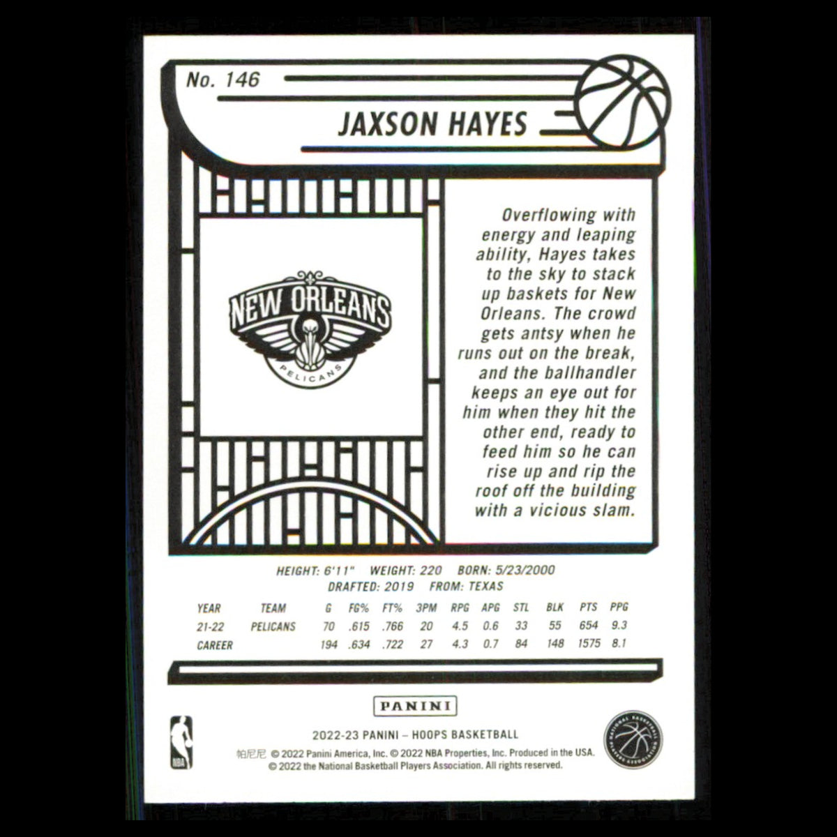 Jaxson Hayes #146 2022 Hoops New Orleans Pelicans Basketball Card NBA NM