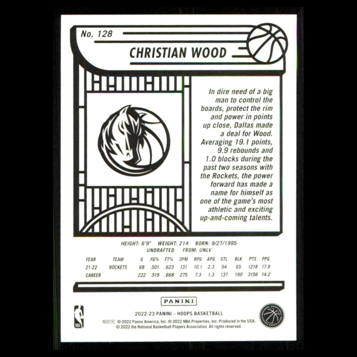 Christian Wood #128 2022 Hoops Dallas Mavericks Basketball Card NBA NM