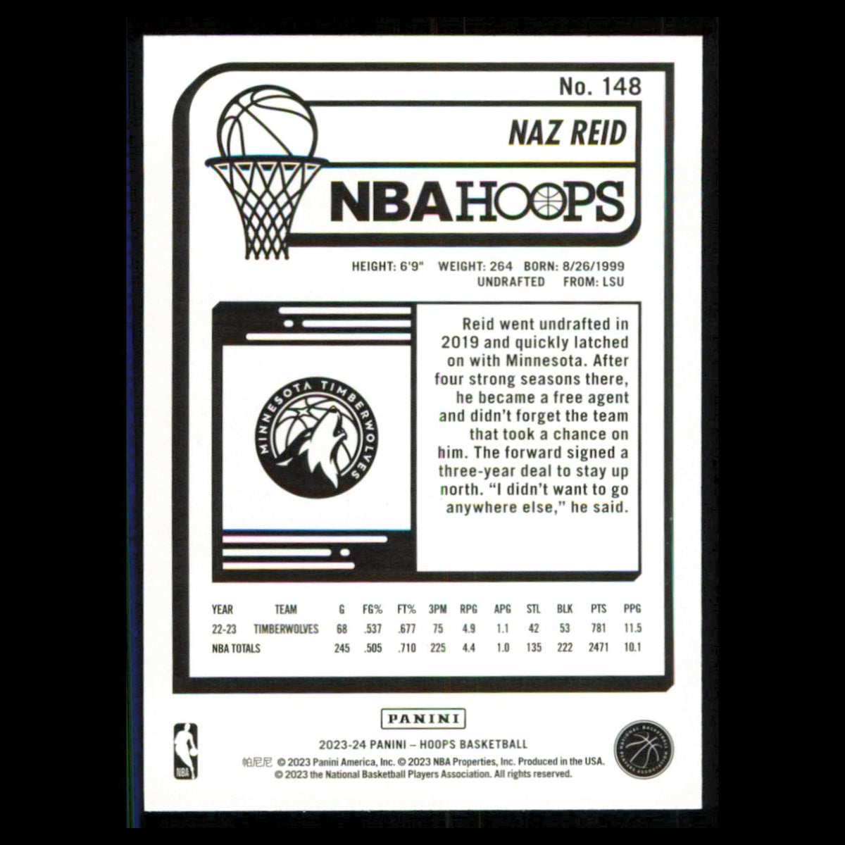 Naz Reid #148 2023 Hoops Minnesota Timberwolves Basketball Card NBA NM