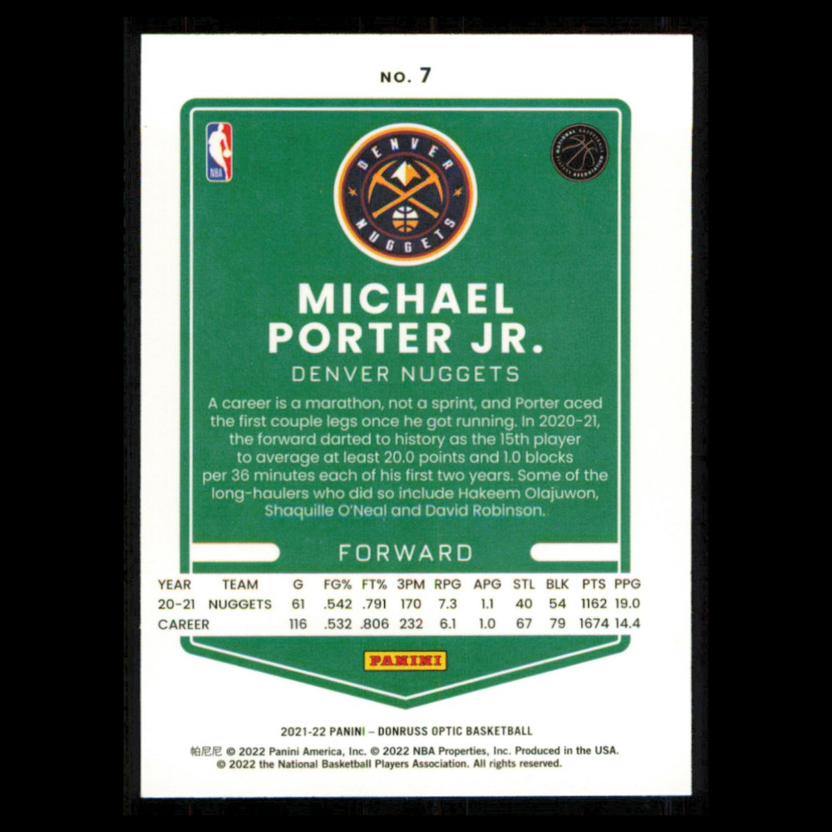 Michael Porter Jr. #7 2021 Donruss Optic Denver Nuggets Basketball Card NBA NM