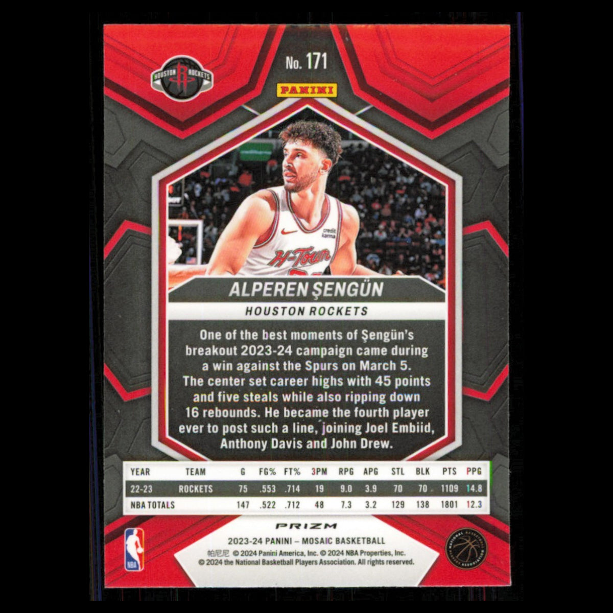 Alperen Sengun #171 2023 Panini Mosaic Reactive Blue Houston Rockets Basketball