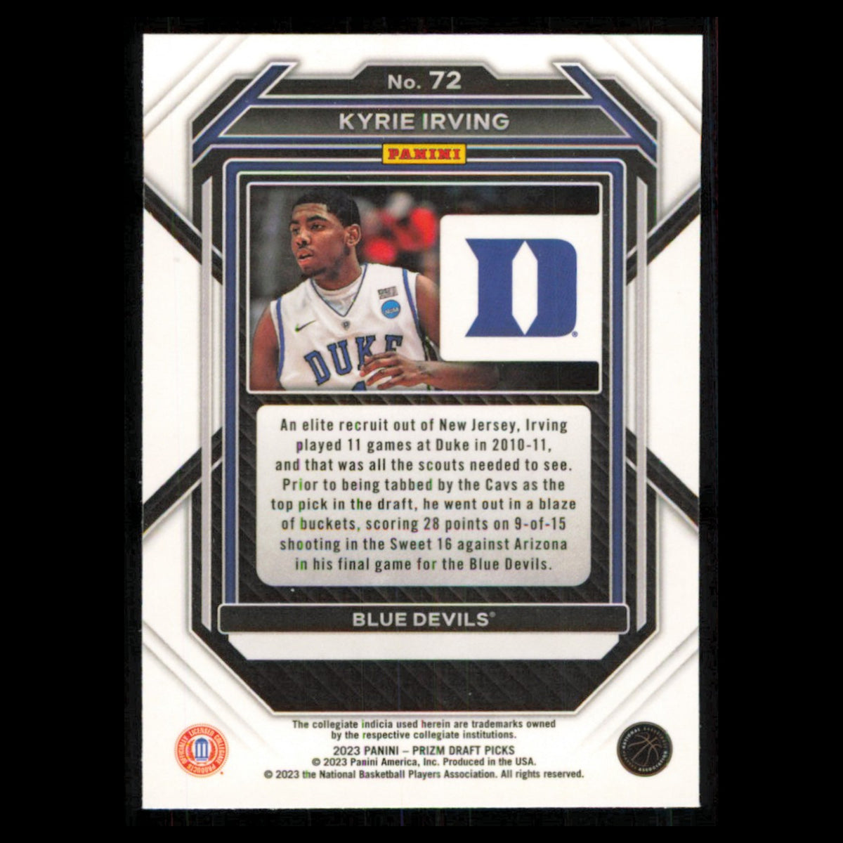 Kyrie Irving #72 2023 Panini Prizm Draft Picks Duke Blue Devils Basketball Card