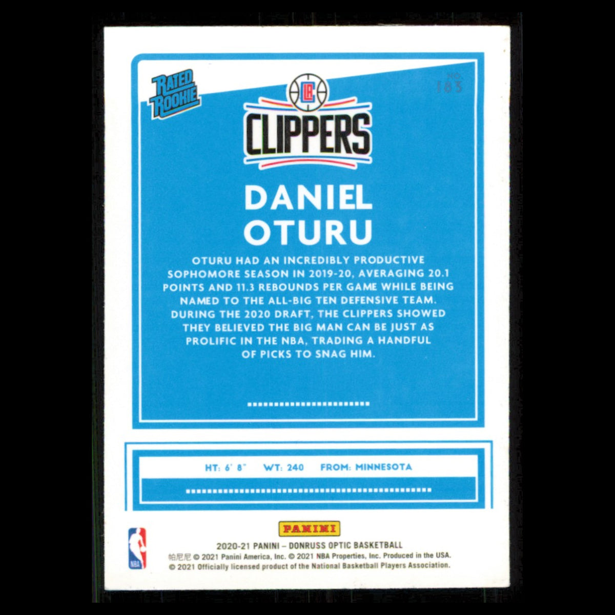 Daniel Oturu Rookie #183 2020 Donruss Optic Los Angeles Clippers Basketball Card