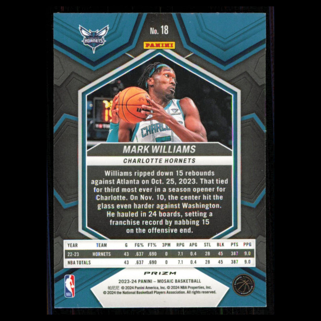 Mark Williams #18 2023 Panini Mosaic Reactive Blue Charlotte Hornets Basketball