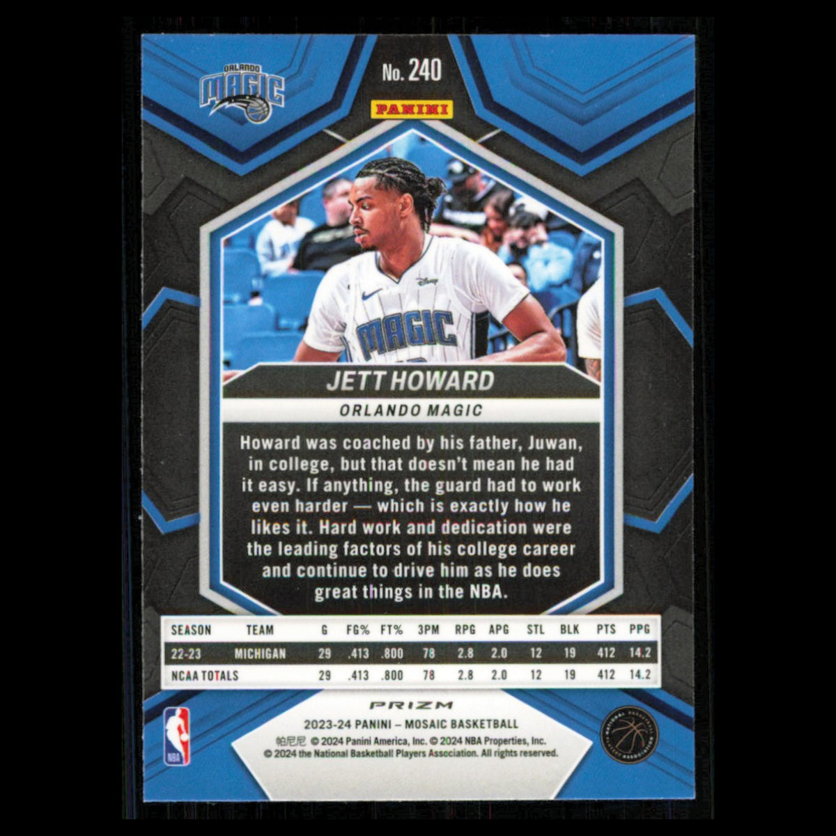 Jett Howard Rookie #240 2023 Panini Mosaic Reactive Blue Orlando Magic Card NBA