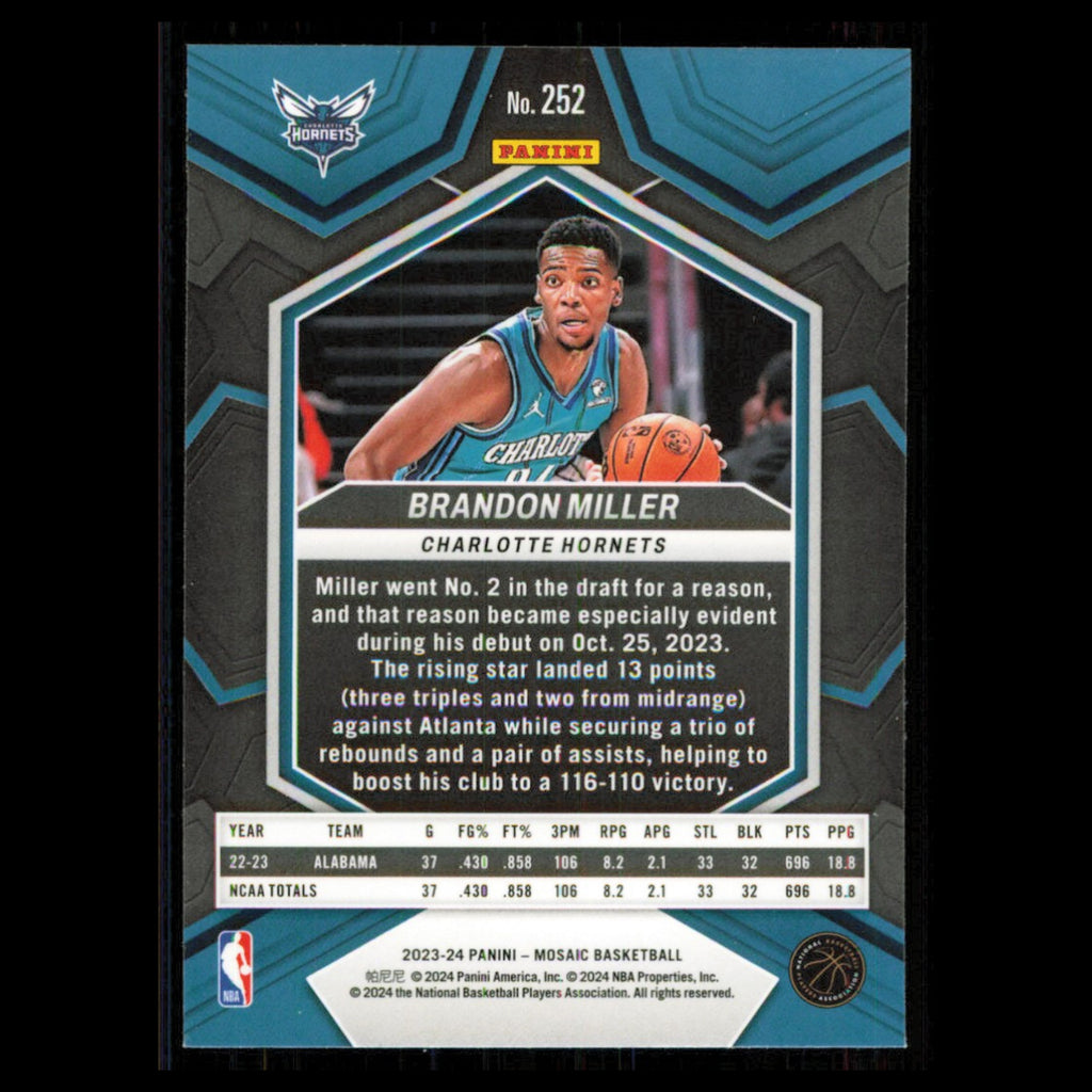 Brandon Miller #252 2023 Panini Mosaic Charlotte Hornets Basketball Card NBA NM
