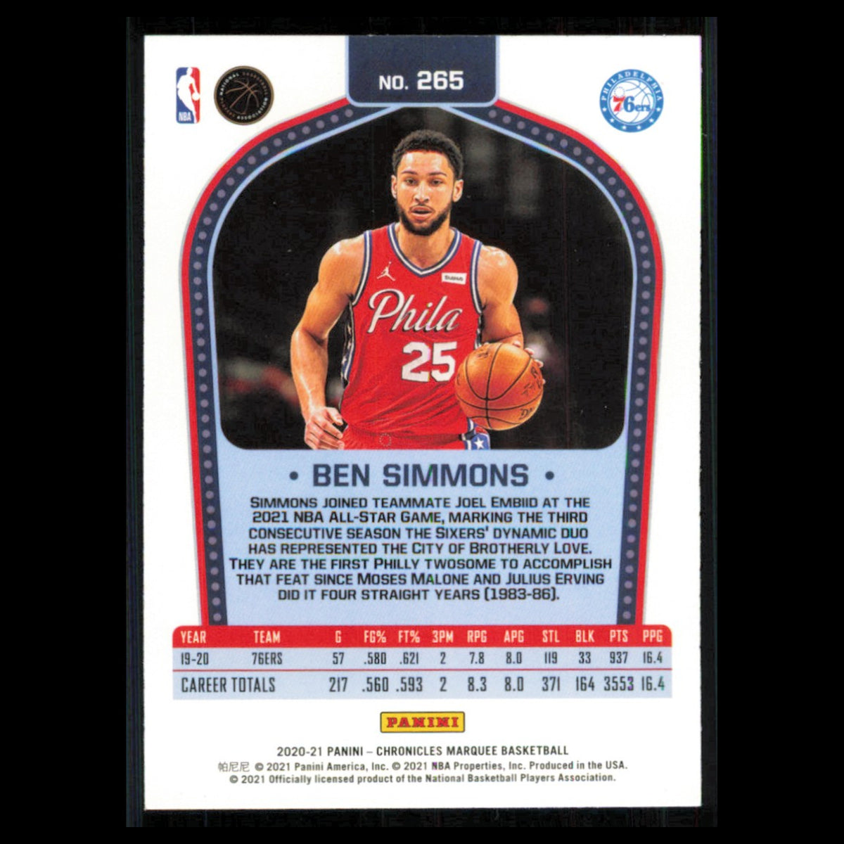Ben Simmons #265 2020 Panini Chronicles Philadelphia 76ers Basketball Card NBA