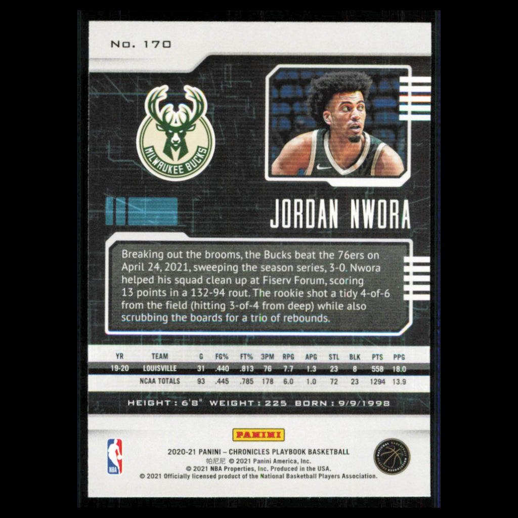 Jordan Nwora Rookie #170 2020 Panini Chronicles Milwaukee Bucks Basketball Card